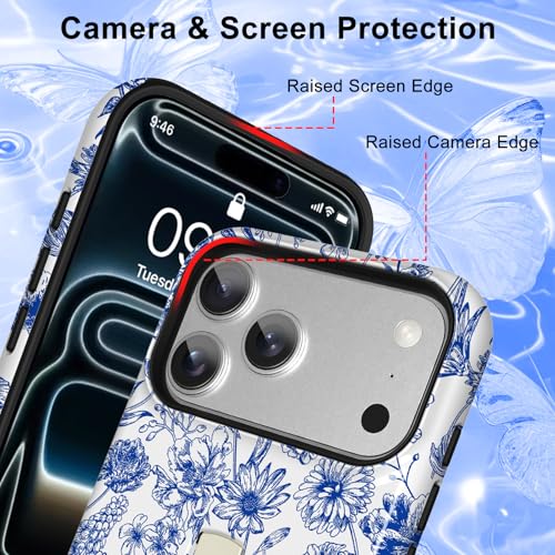 Image of Magnetic for iPhone 17 Pro Max Case with Finger Strap Kickstand [Compatible with Magsafe] Cute Flower Floral Pattern Design, Dual-Layer Shockproof Protective Cover for Women Men, Blue