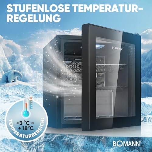 Bomann® Getränkekühlschrank für bis zu 55 Dosen | Kühlschrank mit Glastür 42db leise | 2 Ablagen | Kühlschrank Getränke 46L | Mini Kühlschrank Glastür | Minibar für Büro, Outdoor und Gaming | KSG 7291