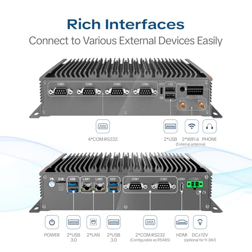 Image of Industrial PC Fanless Mini PC,Windows 11 Pro,Intel Core i5-1235U,64GB DDR4 RAM,2TB SSD,WiFi /BT,4K HDMI,LANx2,4xRS232,2xRS485,6xUSB,GPIO,LVDS,TPM2.0,Industrial Computer Support Power On Auto