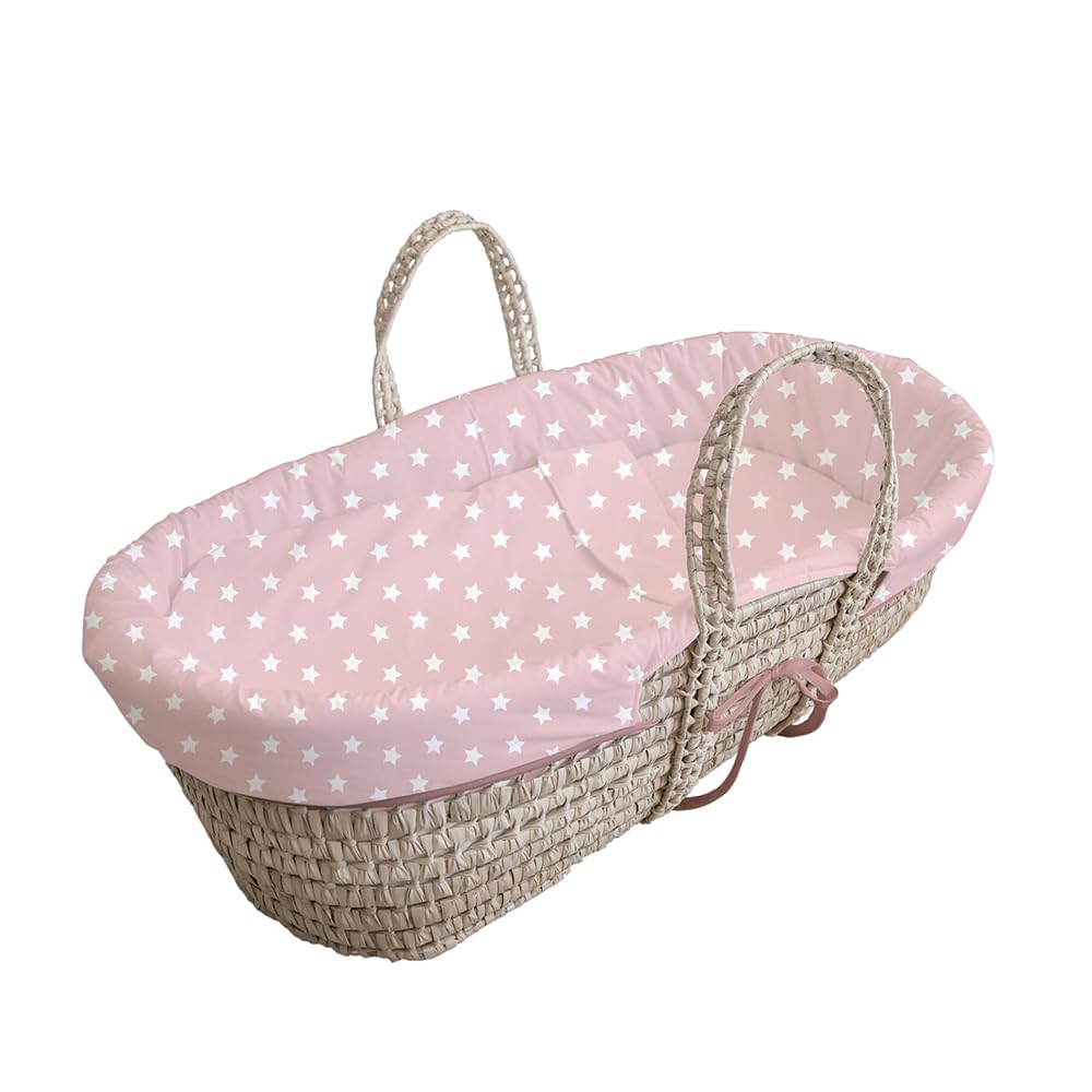 Tanuki Moisés de Mimbre Natural para Bebé con Base de Madera - Hecho a Mano - Colchón Incluido - Estilo nórdico Cloe B Rosa