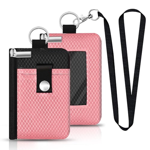 Image of Minimalist RFID Blocking Small Wallet with ID Window,WaterResistant Zip Id Case Wallet with Lanyard Keychain for Cards,Cash,Travel,Women,Men (Pink /Black)