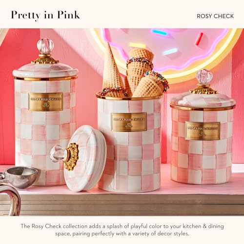 MACKENZIE-CHILDS Enamel Canister Set, Small (38 oz.), Medium (48 oz.), and Large (64 oz.) Kitchen Containers, Pink-and-White Rosy Check - Image 4