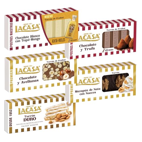 Pack Surtido 5 Turrones Lacasa:Mazapán de Nata con Nueces, Chocolate Blanco con Tequi Mango, Chocolate y Avellanas, Cacao y Trufa, Duro