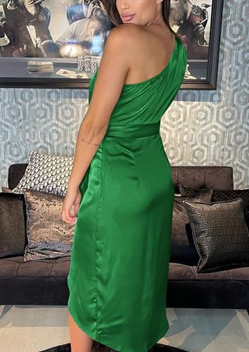 Image of PRETTYGARDEN Women's Summer One Shoulder Ruched Satin Dress Sleeveless Wrap Spring Wedding Guest Cocktail Midi Dress