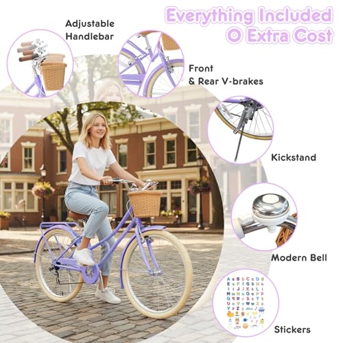 Image of XJD 20 24 26 Inch Girls Bike, 7-Speed Beach Cruiser Bike for Girls Youth and Over 6 Years Old, Kids Bicycles with Dual V-Brakes Rear Rack & Wicker Basket