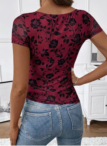 SHEWIN Womens Shirts Crew Neck Womens Short Sleeve Tops Casual Floral Mesh Top Women Lightweight Shirts for Women Pullover Spring Tops for Women,(US 4-6) S,Purple - image 4