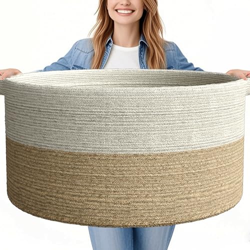 125L Extra Large Blanket Basket, 25″ x 16″ | Jumbo Laundry Woven Baskets Decorative Home, Cotton Rope Basket with Handles, Baby Toy Baskets for Storage, White & Brown