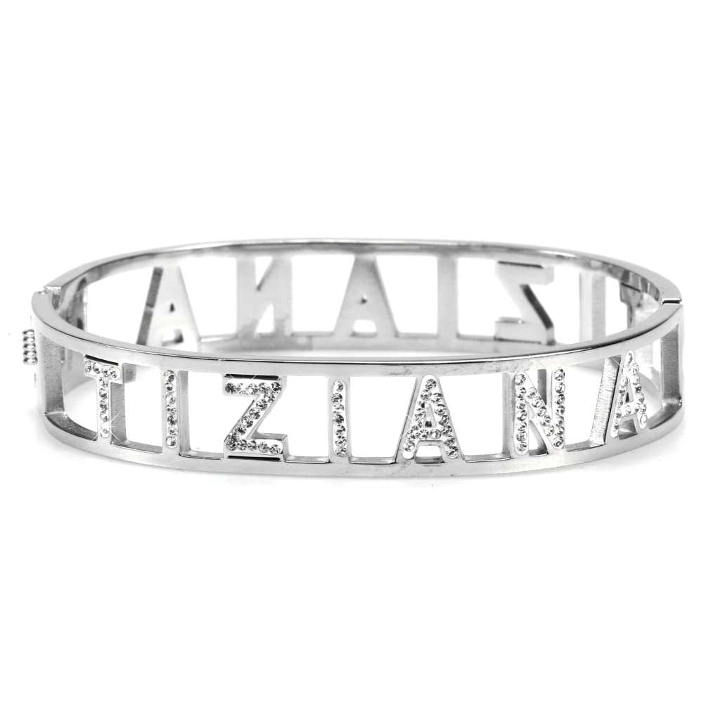 Flowers Bracciale Rigido Acciaio con Nome Vari e Zirconcini Sacchettino in Tessuto Scritta Nome ricoperta di Strass Brillantissimi Bracciale a Manetta Donna Chiusura a Molla Idea Regalo