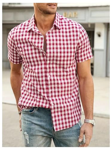 Men's Gingham Shirts Plaid Button Down Short Sleeve Casual T Shirt Tops3