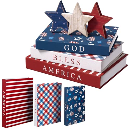 Thyle 4th of July Fake Decorative Books Wooden Star Table Signs Faux Stars Patriotic Decor Farmhouse Decoration Books for Independence Day 250th Anniversary Party Office Home Shelf Table Decor