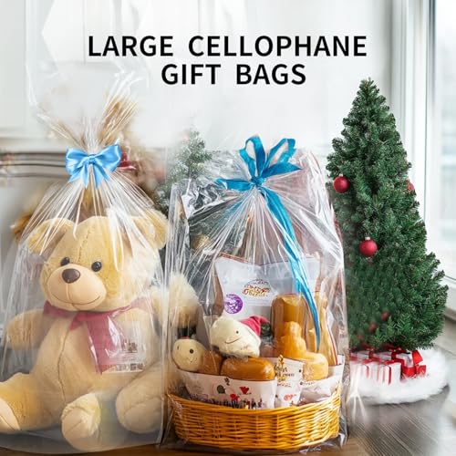 Image of woric Large Cellophane Bags 30x40 Inch Clear Cellophane Wrap 6PCS | Gift Wrap Bags for Gift Baskets Birthday Baby Shower Graduation Wedding Party Favor Back to School Halloween Gifts