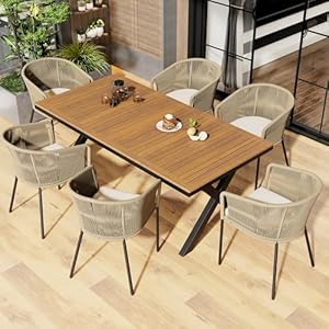 7-tlg Garten-Essgruppe, Garten-Lounge-Set aus Seil, Sitzgruppe Gartengarnitur 6 Sessel und 1 Akazienholz Tisch, Gartenmöbel Terrassenmöbel Balkonmöbel Set für 8 Personen, Waschbares Sitzkissen