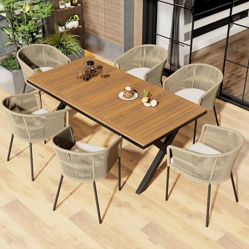 7-tlg Garten-Essgruppe, Garten-Lounge-Set aus Seil, Sitzgruppe Gartengarnitur 6 Sessel und 1 Akazienholz Tisch, Gartenmöbel Terrassenmöbel Balkonmöbel Set für 8 Personen, Waschbares Sitzkissen