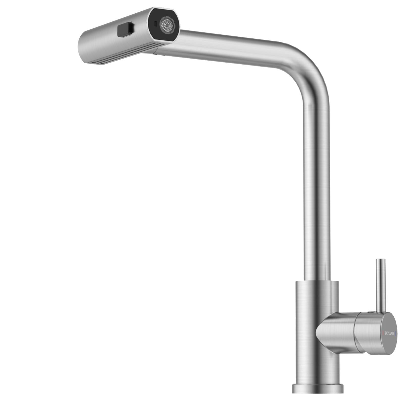 BLYLUND Waterfall Kitchen Faucet Brushed Nickel, 3 Function Kitchen Sink Tap with Pull Out Mixer Tap Spray 360° Swivel Single Handle Stainless Steel Kitchen Faucet 1 Hole