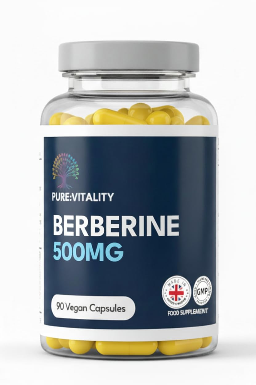Pure Vitality: Berberine HCL 90 Capsules 500mg - 98% Purity - UK GMP Certified Manufacturer, Yellow