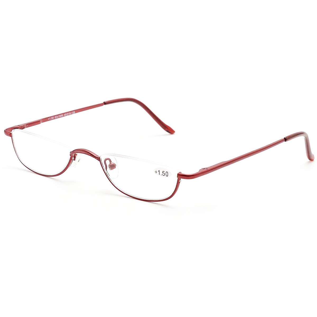 KoKoBin Unisex Lesehilfe Half Moon Halbrandrahmen aus Metall Federscharnier ultradünne Lesebrille(Rot，+3.0)