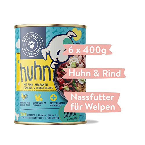 Pets Deli Nassfutter für Junghunde mit Huhn, Rind, Amaranth, Fenchel & Ringelblume ohne Zucker und Gluten 6 x 400g
