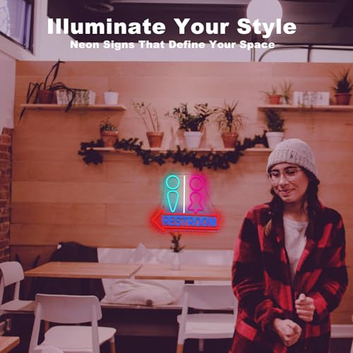 Image of Restroom with Arrow Neon Signs for Wall Decor Dimmable LED Gender Bathroom Sign,USB Powered Light for Bar Restaurant Business Bathroom Cafe Shop Home