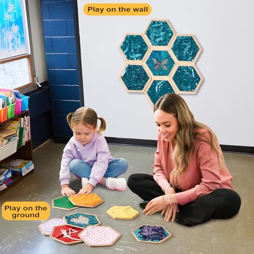 Image of Sensory Wall Panel for Kids | Sensory Wall Wooden Tiles and Mats for Children with Autism | Sequin Flip Board | 13 Pieces Sensory Educational Toys for Special Needs Classrooms