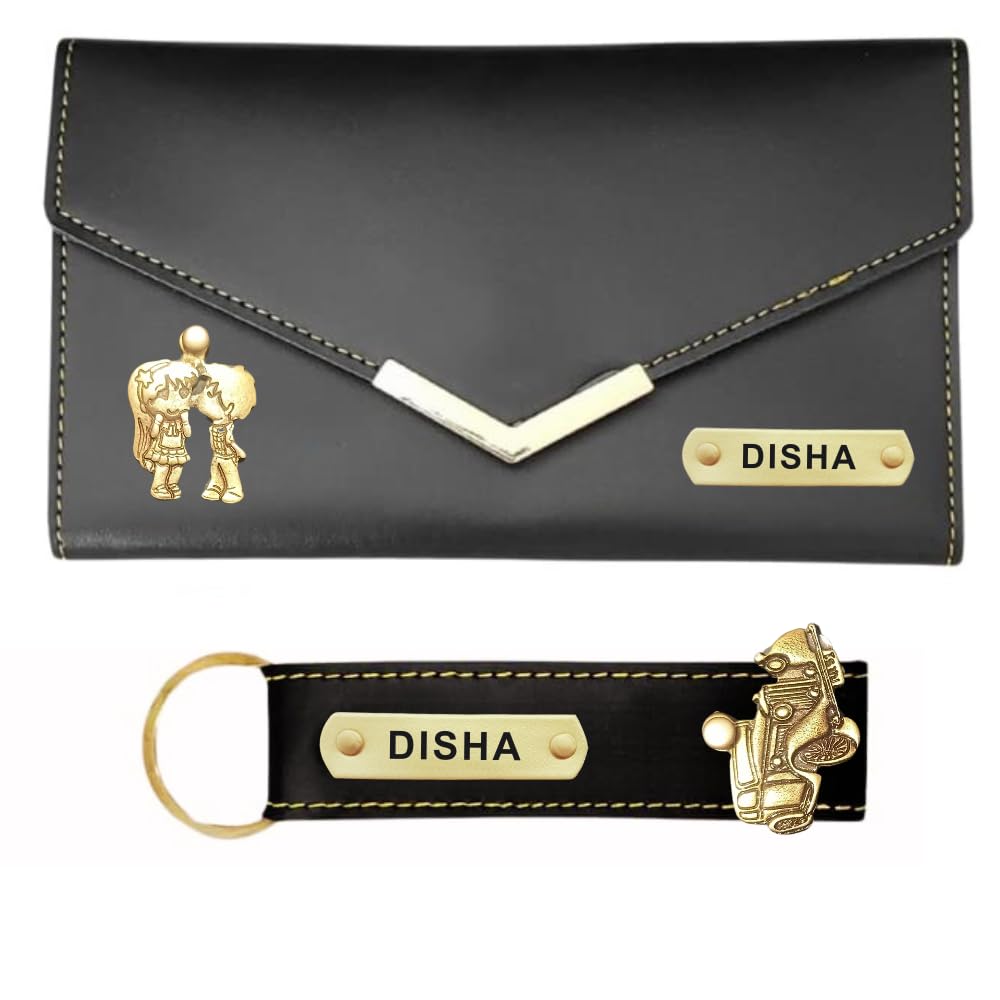 Women Gift for Friends Birthday - Customised Gift for Women - Ladies Personalized Leather Wallet and Key Chain with Name - Pack of 2 - Black-image-0