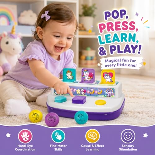 Image of Toymate Press n Pop Unicorn Toy for 18-36 Months | Interactive Pop Up Toy with 6 Unicorn Plates & 3 Balls | Sensory Learning, Fine Motor Skills Toddler