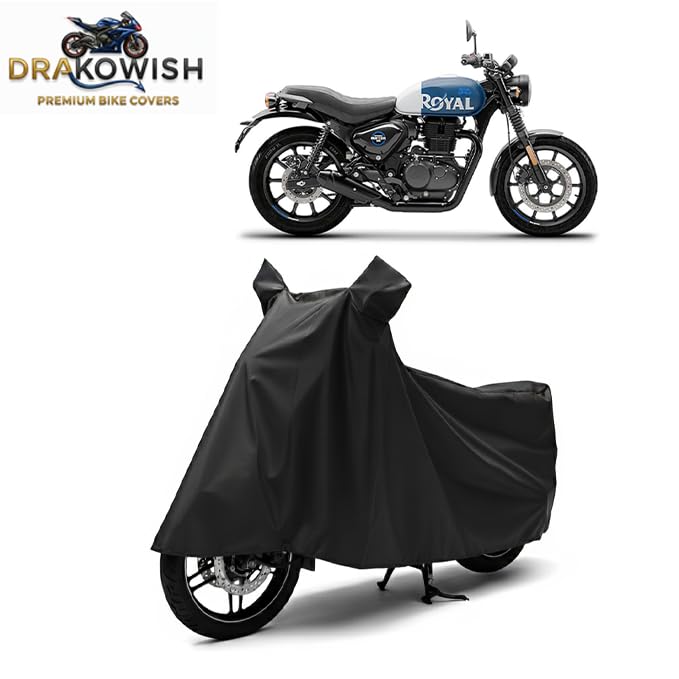 Image of DRAKOWISH Waterproof Bike Cover for Royal Enfield Hunter 350 All Weather Protection from Rain, Dust, UV Rays & Scratches with Mirror Pockets & Buckle Belt | Hunter 350 Bike Cover