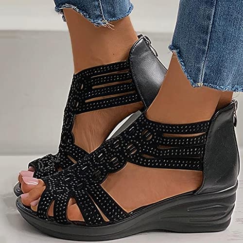 Cocila Sandales Femme Été Confortable Mode Out Zip Outdoor Ladies Up Hollow Shoes Pour Femmes Compensées Chaussure Compensee Plastique Plage Sandale Plates Nu Pieds Larges Et Sensibles Le noir 38 – vue 2