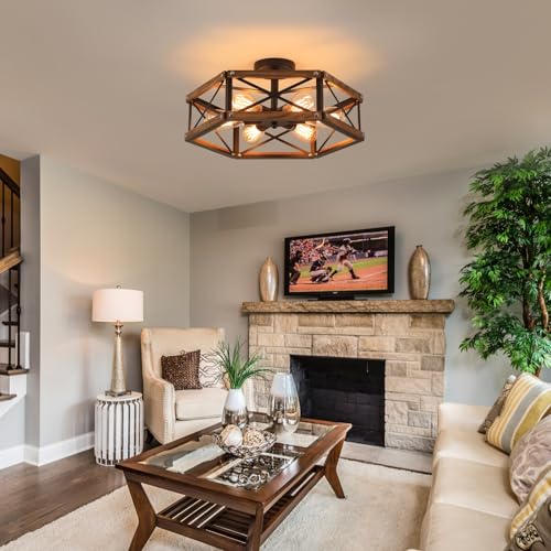 6-Light Large Rustic Farmhouse Wood Flush Mount Ceiling Light Fixture 20 inch Oak Wood and Metal Cage Semi Flush Mount Ceiling Light for Hallway Entry Dining Farmhouse Bedroom Living Room, Black 6-Light Large Rustic Farmhouse Wood Flush Mount Ceiling Light Fixture 20 inch Oak Wood and Metal Cage Semi Flush Mount Ceiling Light for Hallway Entry Dining Farmhouse Bedroom Living Room, Black