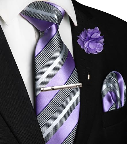 Image of JEMYGINS Mens Striped Tie and Lapel Pin Necktie Pocket Square and Tie Clip Sets for Business Casual 4PCS