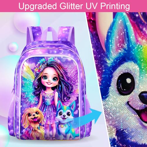 Image of 16 inch Dog Backpack for Girls, Kids Bookbag with Lunch Box, 3Pcs School Backpacks for Elementary Preschool Kindergarten (Purple)