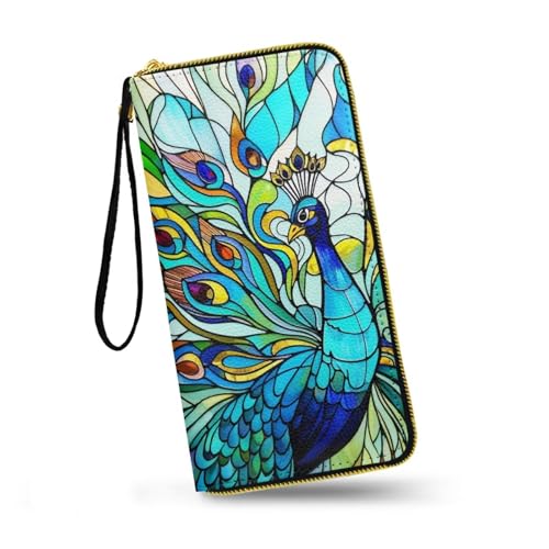 Peacock Leather Zip Around Wallet for Women Stained Glass Art Slim Billfold Wallets PU Leather, Color Bird Painting Long Travel Purse for Credit Card, Cash, Coin, Bill