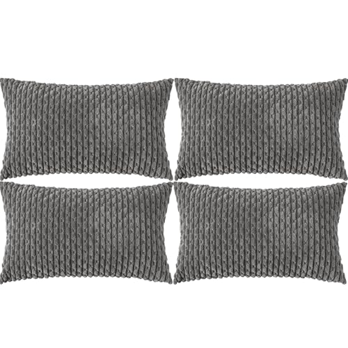 Set of 4 Dark Grey Decorative Throw Pillow Covers 12x20 Inch Corduroy Pillow Covers for Bed Couch Sofa Living Room Soft Cushion Cases