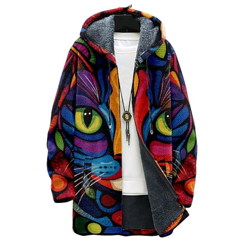 Abstract Art Cat Cardigan Hoodie for Men Color Block Full Zip Long Coat Fall Winter Vintage Fleece Jacket with Pockets