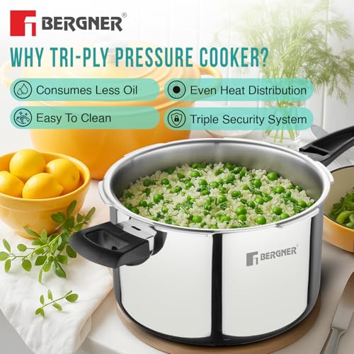 Image of Bergner Argent Elements Triply Stainless Steel 3.5 L Outer Lid Pressure Cooker, Healthy Cooking, Even Heat Distribution, Sturdy Handle, Easy Lock System, Safety Gasket - Induction and Gas Stove Ready