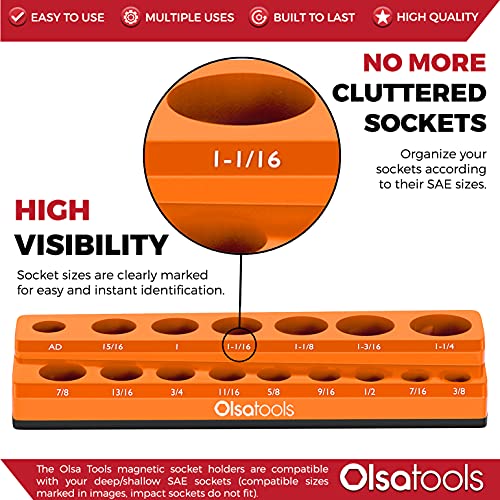 Image of Olsa Tools Magnetic Socket Organizer - 1 /2-Inch Drive SAE Socket Holder with Strong Magnets - Professional Tool Holder and Tool Organizer - Stores up to 16 Sockets - Orange - Part: 1289