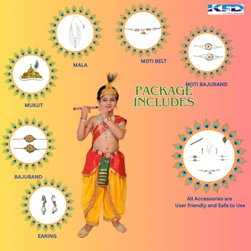 Image of Kaku Fancy Dresses Krishna Costume With Dhoti For Boy /Janmashtami /Bal Gopal Dress /Kanha Costume /Bal Krishna /Mythological Costume For Boy - Yellow-Red, 1-2 Years
