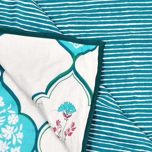 Image of BLOCKS OF INDIA 100% Cotton Dohar King Size Reversible Hand Block Printed Malmal Summer Dohar /Blanket (MUGHAL Turquoise)