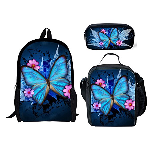 Set di 3 zaini per la scuola con dinosauri grande borsa a tracolla con portabottiglie portapranzo astuccio per matite Farfalla blu. Taglia unica Zaini Daypack