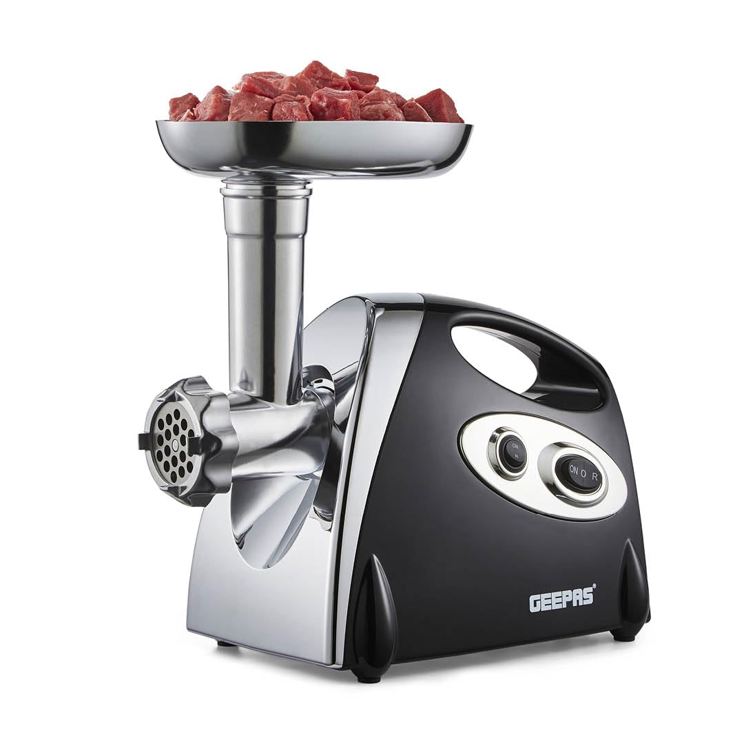 Geepas Electric Meat Grinder 1800W – Stainless Steel Meat Mincer & Sausage Stuffer, Food Grinding Mincing Machine with Kibbe – 3 Different Cutting Plates, Reverse Function, Plastic Housing (Black)