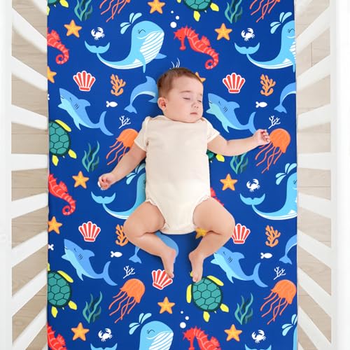 Image of JISEN Baby Crib Sheets Soft Breathable Fitted Crib Sheets Baby Sheet for Standard Crib and Toddler Mattress Bed Sheets for Crib for Boys Girls Neutral 52x28 Inch Whales