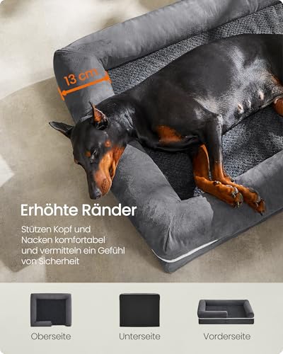 Feandrea Orthopädisches Hundebett, Hundekissen, Hundekorb, weiche Polsterung, Hundesofa, erhöhte Ränder, Bezug abnehmbar und waschbar, 120 x 85 x 18 cm, rutschfeste Unterseite, dunkelgrau PGW078G01V1