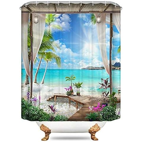 YUAOEUR 3D Sunny Beach Printed Shower Curtains Ocean View Balcony Pavilion Tropical Palm Trees Home Garden Curtain Outdoor Bathroom Decor Fabric with Hook 71X 71 inch Green White Cover