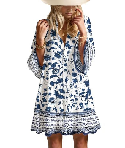 Image of Opemiby Summer Dresses for Women 2026 Flowy Ruffle 3 /4 Sleeve V Neck Tiered Casual Babydoll Boho Beach Mini Dress