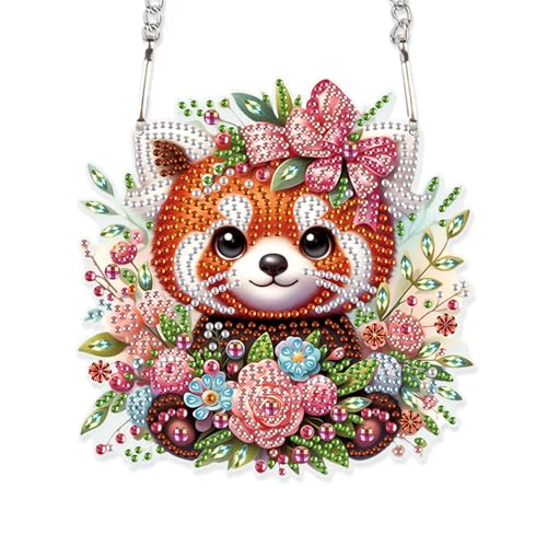Image of AiYuanzsh Diamond Painting Hanging Pendant Kits Red Panda DIY Crystal Rhinestone Wreath Kits, Colored Point Crystal Diamond Art Window Pendants Home Garden Wall Door Birthday Festival Gifts
