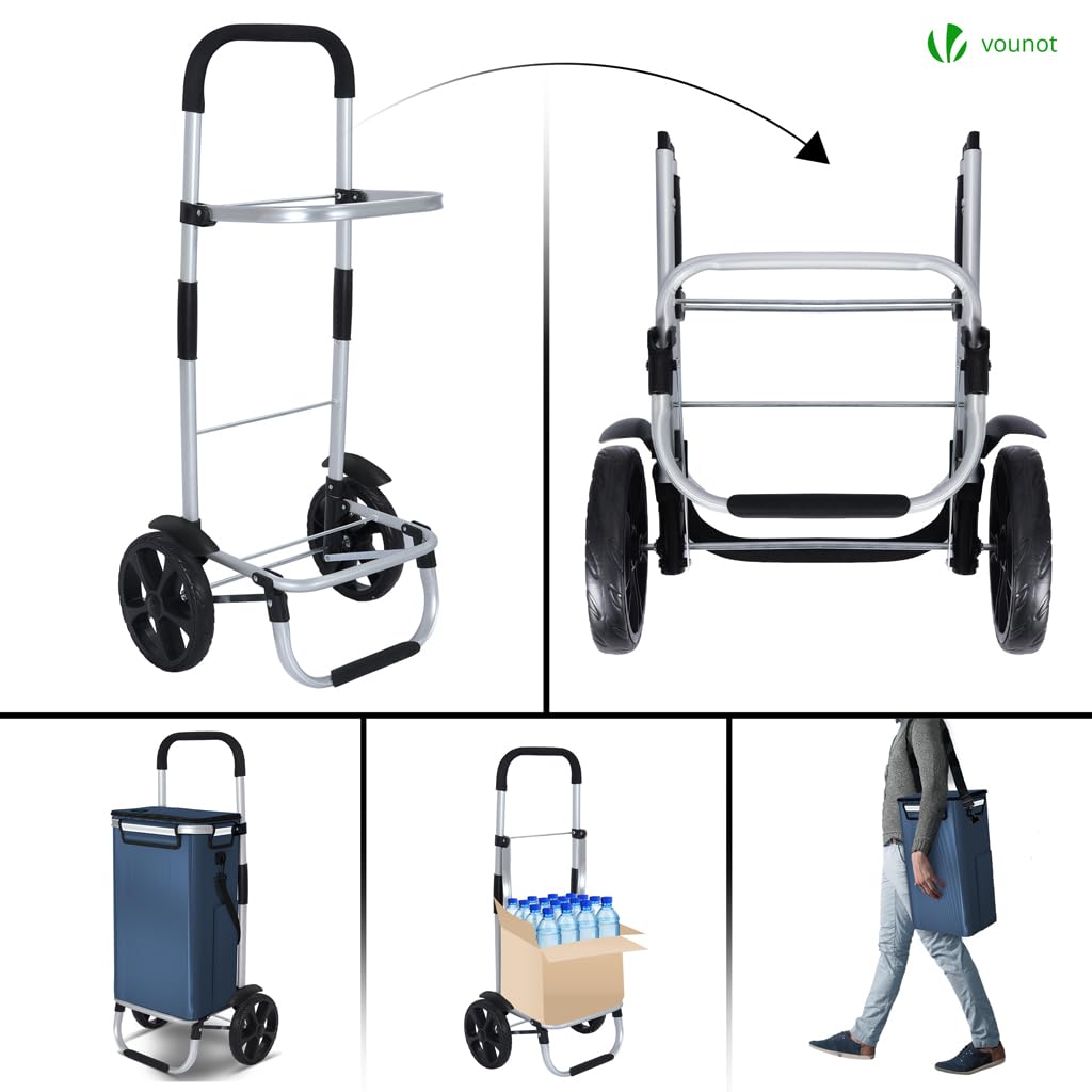VOUNOT® Chariot de Courses 2 Roues en Aluminium avec Compartiment Impermeable Caddie de Courses Pliable 3 en 1 avec Sac Isotherme Individuel Sac Chariot Bleu Marine 58L