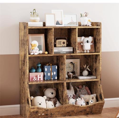 GarveeHome Rustic Brown Toy Storage Cabinet, Three-Tier Kids Bookshelf and Bookcase for Storage Books and Toys, Multi Shelf with Cubby Organizer for Bedroom and Playroom