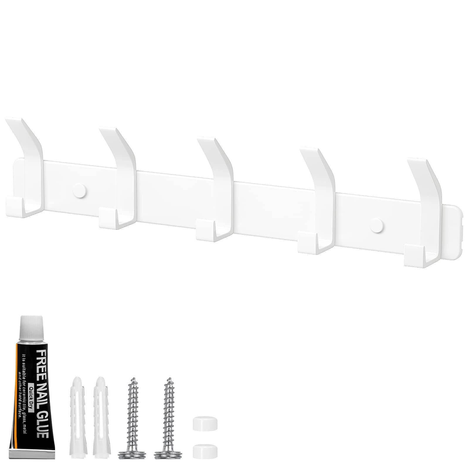 Benxdara Coat Hooks Wall Mounted Coat Rack with 5 Hooks, Rustproof Wall Hanger Clothes Hooks for Kitchen Bedroom and Entryway, White