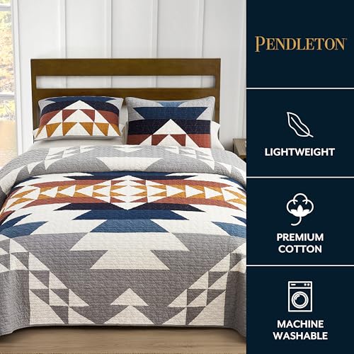 PENDLETON Explorer King Quilt Bedding Set with 2 Shams Premium Cotton Lightweight Quilted Bedspread Coverlet for Bed Rustic Home Decor Machine Washable, 110-inch x 96-inch, Blue Grey Multicolor