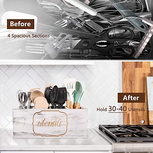 Yumkfoi-Extra-Large-Utensil-Holder-with-4-Compartments-Wooden-Farmhouse-Utensil-Organizer-for-Kitchen-Counter-Rustic-Cooking-Utensil-Crock-Countertop-Utensil-Caddy-Spatula-Holder-Distressed-White