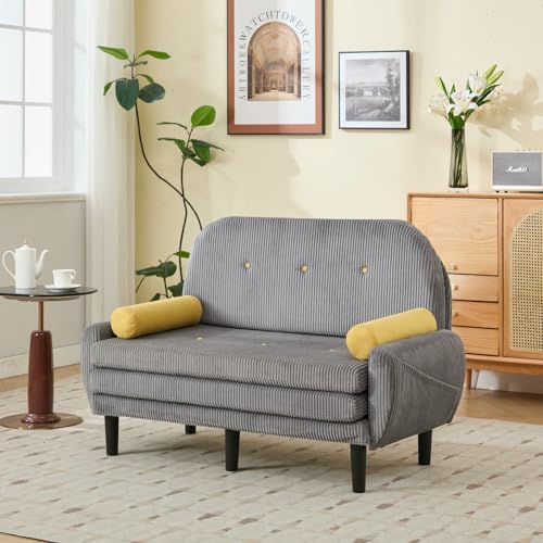 KOMHTOM - Sofá convertible de 2 plazas moderno, sofá cama plegable, respaldo ajustable, 2 cojines cilíndricos, tela de pana, para sala de estar, dormitorio (gris)